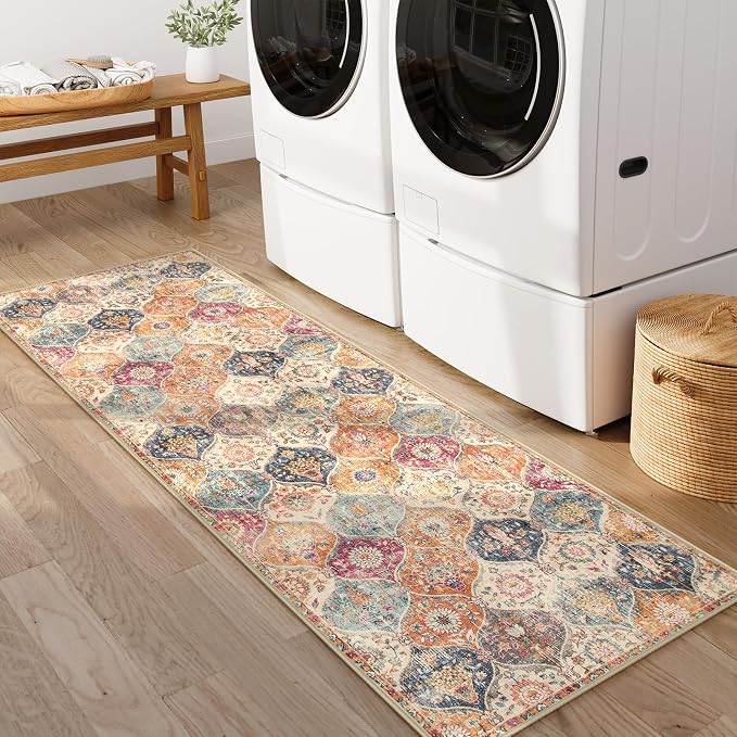 Lahome Moroccan Washable Kitchen Runner, 2x7 Runner Rug with Rubber Backing Non Slip, Vintage Hallway Rug Throw Carpet for Hallways Bedroom Laundry Room Entryway Elise, Cream/Multi