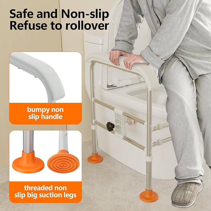 Emergency Alert Toilet Safety Rails for Seniors (665lbs), Adjustable LED Toilet Frame with Call Bell & Handles for Elderly, Foldable Handicap Toilet Aid Support for Most Toilets, Stand Up Assist