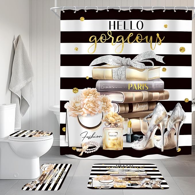4Pcs Black Yellow Shower Curtain Set, Fashion Flower Perfume Women Girl Girly Modern Bathroom Curtain with Rug, Toilet Lid Cover, Bath Mat, High Heels Magazine Shower Curtain with 12 Hooks