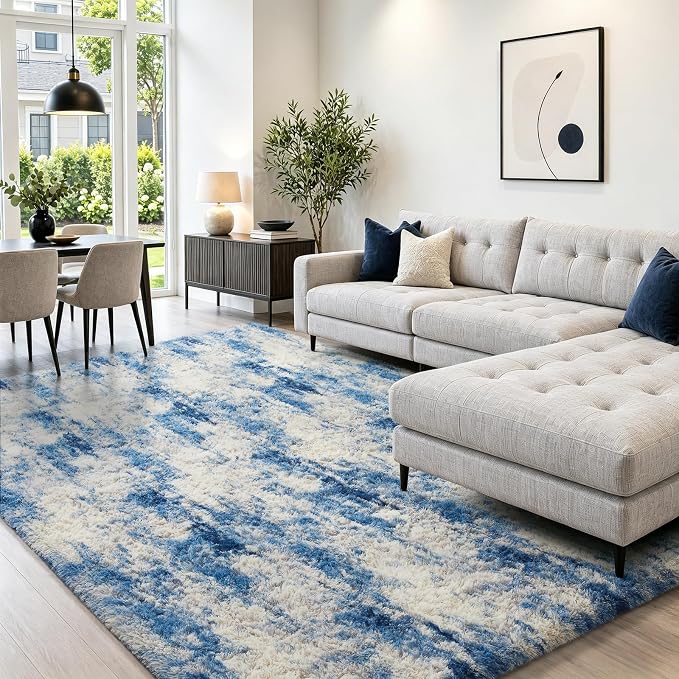 Ophanie Blue and Gray Area Rugs for Living Room 5x7, Navy Grey White Fluffy Shag Large Fuzzy Plush Soft Carpets, Floor Shaggy Rugs for Bedroom, Carpet for Kids Boys Dorm Nursery Home Decor Aesthetic