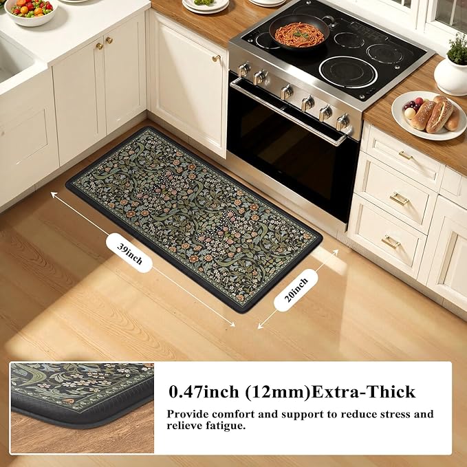 Collive Anti Fatigue Kitchen Mats, Cushioned Floral Kitchen Rugs Non Slip Waterproof Standing Mat, Black Vintage Comfort Desk Rug for Office, Sink, Laundry, 20"x39"