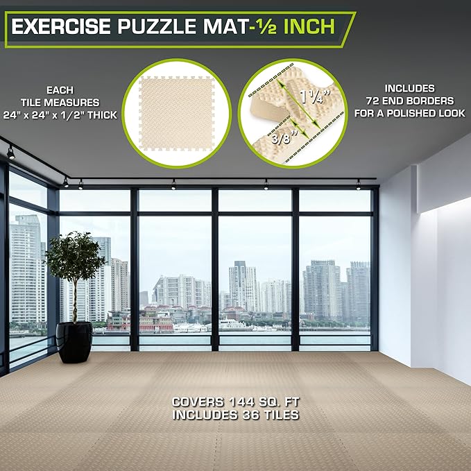 ProsourceFit Exercise Puzzle Mat 1/2-inch, EVA Interlocking Foam Floor Tiles for Home Gym, Workout Equipment, Kids Play Areas, Beige, 144 Sq Ft - 36 Tiles