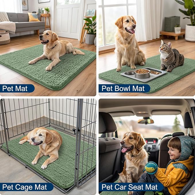 Smiry Dog Door Mat for Muddy Paws 36x24, Absorbent Dirt Trapper, Non-Slip Washable Chenille Entryway Rug for Inside Floor, Olive Green, Classic Solid