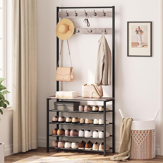 HOOBRO Hall Tree, Coat Rack with Shoe Rack, Hall Tree with Bench, 5 Tier Shoe Storage Organizer with 9 Hooks for Entryway, Closet, Sturdy, Industrial, Greige and Black BG80MT01G2