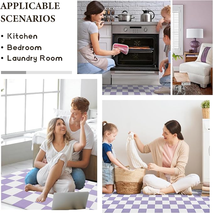 Purple Checkered Grid Checkerboard Kitchen Rug Sets [2 PCs], Anti-Fatigue, Waterproof Non-Slip Kitchen Mats Heavy Duty Ergonomic Comfort Foam Rug for Floor, Home, Laundry,17"x29"+17"x47"
