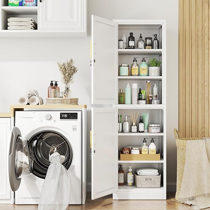 Tall Metal Narrow Bathroom Storage Locker Cabinet 67" H, Tall White Pantry Cabinets with 4 Adjustable Shelves and 2 Lockable Doors for Kitchen, Home Office, Living Room, Dining Room