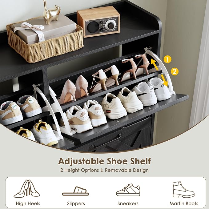 Nicetree Shoe Cabinet with 4 Flip Drawers, Hidden Shoe Rack Cabinet with Metal Legs, Farmhouse Narrow Shoe Storage Cabinet for Entryway, Foyer, Hallway, Black