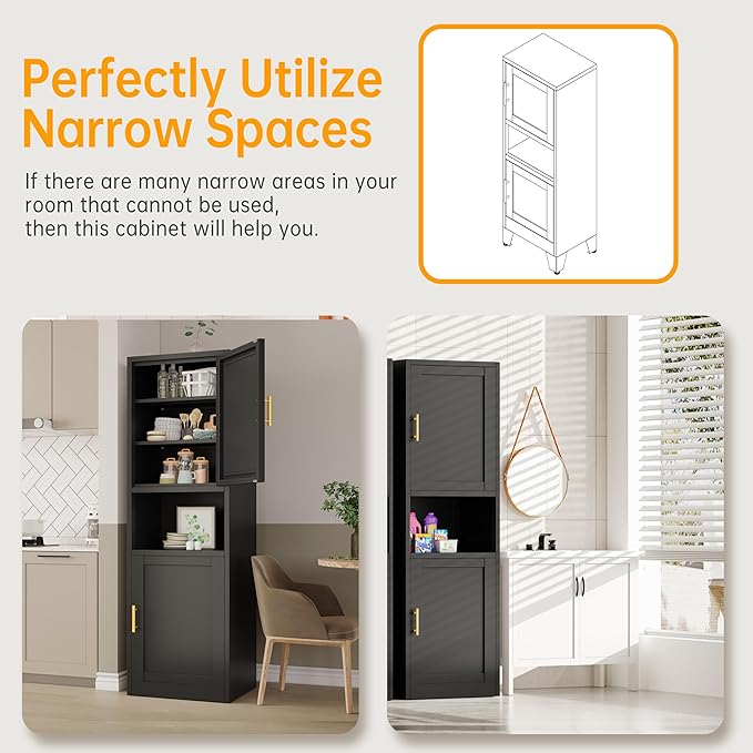 Ckzbx Tall Narrow Storage Cabinet 66.93" H Tall Bathroom Cabinet Metal Pantry Cabinets, 4 Adjustable Shelves for Kitchen, Home Office, Living Room, Dinning Room (16 inches Wide Black)