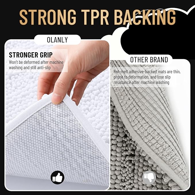 OLANLY Thick Large Bathroom Rugs 45x27, Extra Soft Absorbent Chenille Striped Bath Rugs, Rubber Backing, Machine Wash Dry, Bath Mats for Bathroom Floor, Tub and Shower, Home Decor Accessories, White