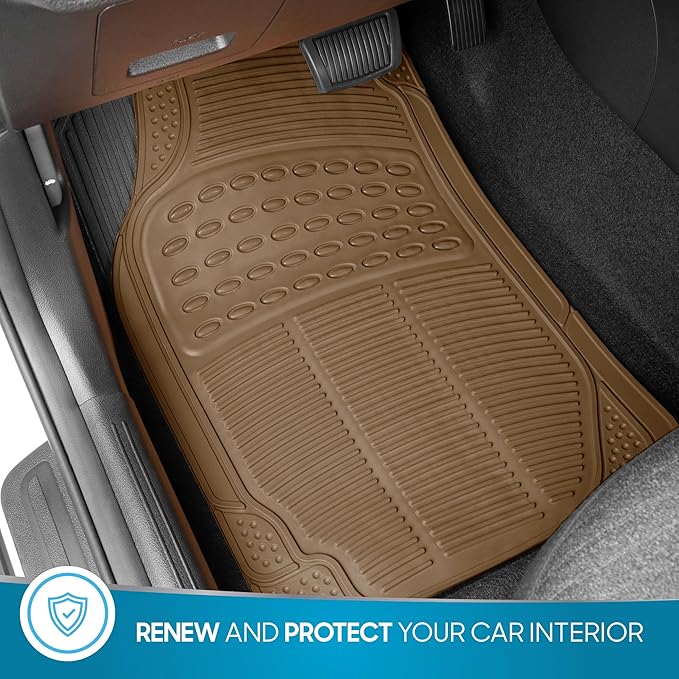 BDK ProLiner Car Floor Mats for Cars Trucks SUV, 3-Piece All-Weather Heavy Duty Rubber Liners with Universal Trimmable Fit, Durable Waterproof Vehicle Auto Floor Mats with Capture Ridges Biege
