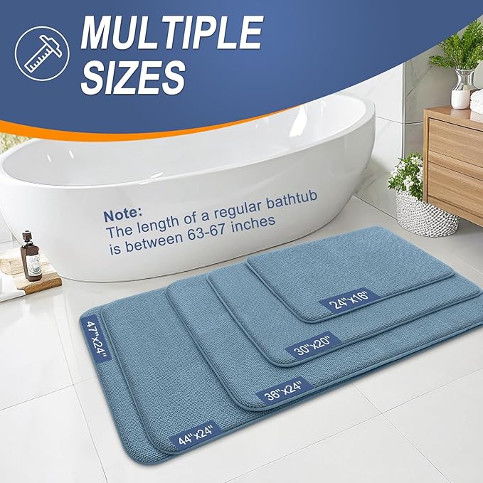 OLANLY Thick Memory Foam Bathroom Runner Rugs 47x24, Extra Soft Absorbent Long Bath Rug, Quick Dry, Non-Slip, Machine Washable Bath Mats for Bathroom, Tub and Shower, Home Decor Accessories, Airy Blue