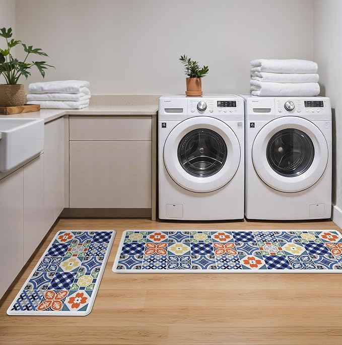 GENIMO Anti Fatigue Kitchen Mats for Floor, Cushioned Non Slip Kitchen Rug, Waterproof Kitchen Floor Mat Runner, Kitchen Mat for Laundry, Sink, Office, Entryway, 17.3"x59"+17.3"x30", Blue