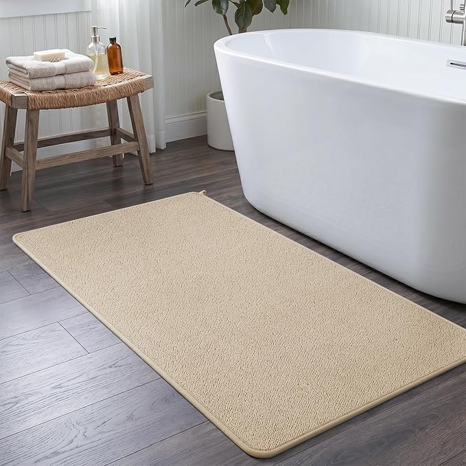 MontVoo Quick Dry Bathroom Runner, Super Absorbent Long Bath Runner, 3D Honeycomb Mesh Base Non Slip Bath Mats, Machine Washable Low Pile Bath Rug for Bathtub Front, Shower, Sink, Beige 24"x48"