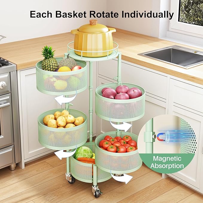 SAYZH Fruit Vegetable Basket for Kitchen, Rotating Storage Rack, 5 Tier Rolling Cart with top lid, Large Metal Wire Basket for for Potato Onion Snack, Green