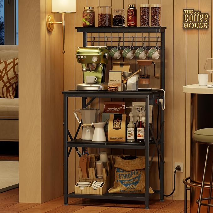 Furologee Kitchen Bakers Rack with Power Outlet, Microwave Oven Stand with Storage 4 Tiers, Coffee Bar Table with 6 S Hooks, Kitchen Storage Shelf Rack for Spices, Pots,Black