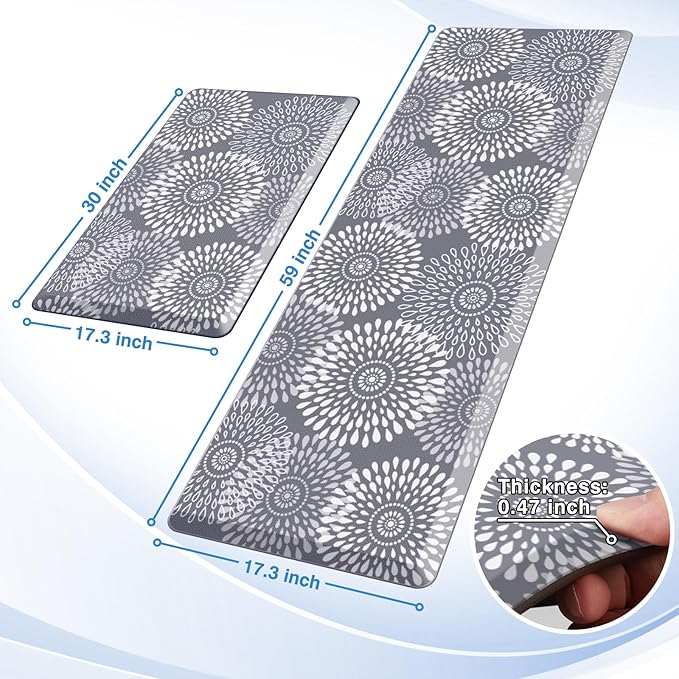 LuxStep Kitchen Mats for Floor,0.47 inch Thicker Cushioned Rug Anti-Fatigue Mats for Kitchen Decor Accessories,Waterproof Non-Slip Mats and Rugs Set for Office,Laundry 17.3"×29"+17.3"×60",Grey