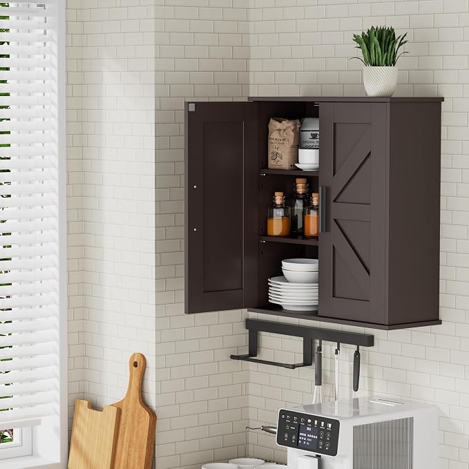 Homleke Bathroom Wall Cabinet, Over Toilet Storage Cabinet with Barn Doors and Adjustable Shelves, 3-Tier Medicine Cabinet Wall Mounted, for Bathroom, Kitchen, Entryway, Laundry Room, Brown, (7.9" D)