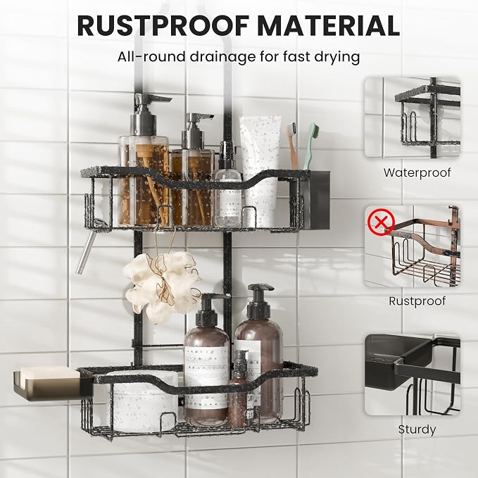 Shower Caddy Hanging 2-Tier Shower Organizer for Tall Showerhead,Rustproof Over Shower Head Rack,No Drill Bathroom Shower Caddy with Soap Dish,Toothbrush Holder and Hooks, Black