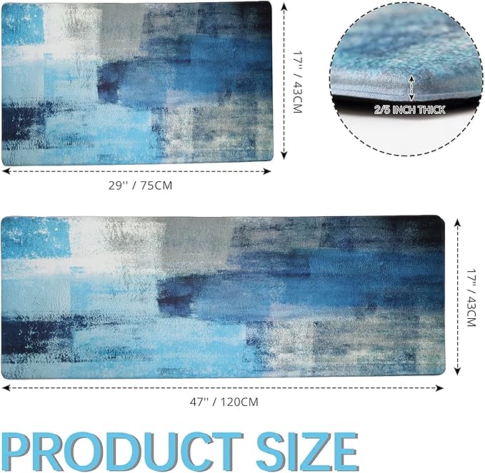 MAYHMYO Anti Fatigue Kitchen Mat - Set of 2 - Teal and Marble Design Comfort Mats - Cushioned, Non Slip Floor Mat