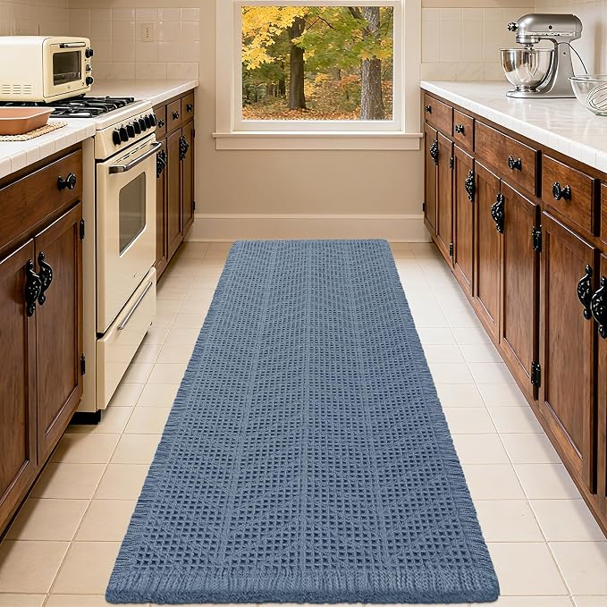 Upgrade Waffle Bath Mat Set 3 Piece, Boho Bathroom Rugs Absorbent Non Slip, Soft Bathroom Mats, Machine Washable Knit Bath Rugs with Herringbones for Bathroom, Bedroom, Kitchen, Shower, Tub, Blue