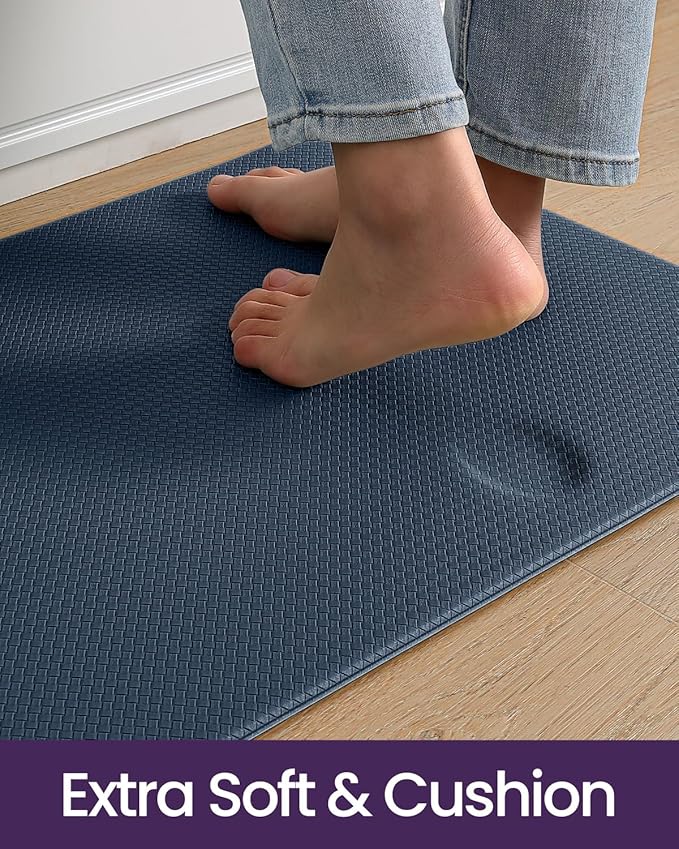 DEXI Kitchen Floor Mats Cushioned Anti Fatigue,17x29+17x59, Standing Runner Rug Waterproof, Comfort Memory Foam Padded for Front Sink Laundry Set of 2, Navy
