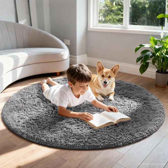 Ophanie Round Rug 5Ft Grey Circle Area Rugs, Fluffy Fuzzy Bedroom Carpet 5 Foot, Plush Shag Indoor Floor Gray Living Room Christmas Circular Aesthetic Decor for Kids Teen Boys Baby,Nursery, Classroom