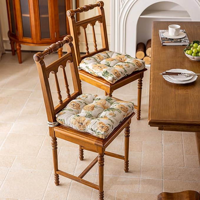 vctops Farmhouse Floral Print Chair Cushions with Ties U-Shaped Soft Comfortable Chair Pads Non Slip Seat Cushions for Indoor Dining Room and Kitchen Chairs (Flower D,18"x18")