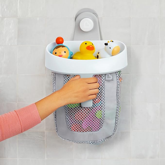 Munchkin Soft Spot Baby Bath Mat for Tub and Super Scoop Hanging Bath Toy Storage with Quick Drying Mesh, Grey