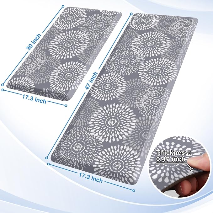 LuxStep Kitchen Mats for Floor,0.47 inch Thicker Cushioned Rug Anti-Fatigue Mats for Kitchen Decor Accessories,Waterproof Non-Slip Mats and Rugs Set for Office,Laundry 17.3"×29"+17.3"×47",Grey