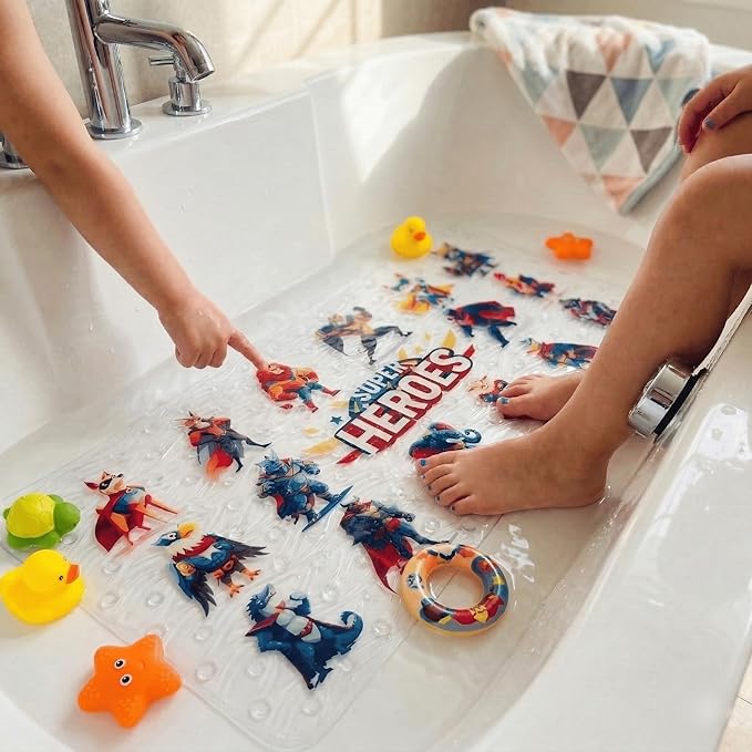 BEEHOMEE Bath Mats for Tub Kids,Baby Toddler - Large Cartoon Non-Slip Bathroom Bathtub Anti-Slip Shower Mats for Floor 35x15,Machine Washable XL Size Bathroom Mats (Super Heroes)