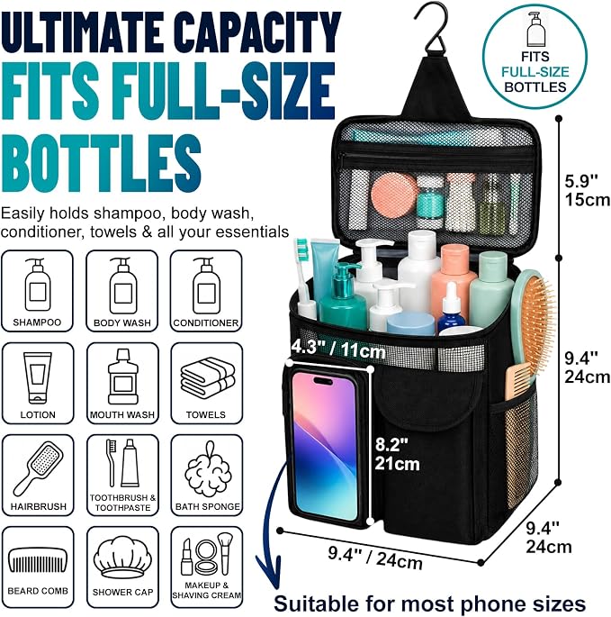 Dorm Room Essentials for Guys Girls, Mesh Shower Caddy Portable, Large Capacity Toiletry Shower Bag with Hanging Hook for Full-Sized Bottles, Multi-Pocket Organizer for College Gym Camping Travel