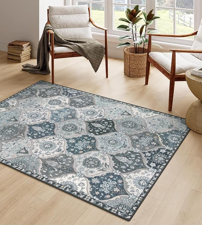 Lahome Moroccan Washable Living Room Rug, 5x8 Rugs for Bedroom Dining Room, Soft Non-Slip Non Shedding Boho Distressed Throw Carpet for Nursery Office Elise, Blue