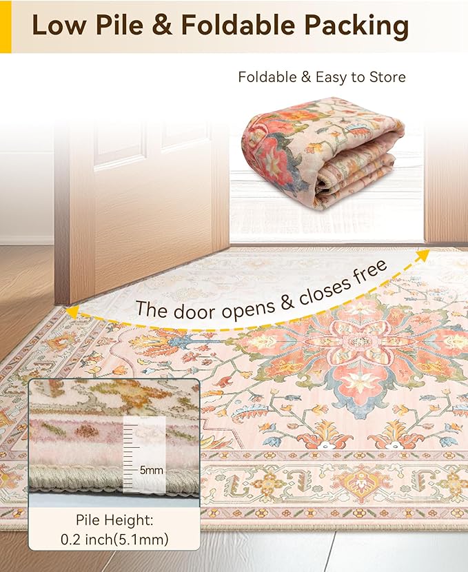 RELEANY Area Rugs 5'x8' Washable Non-Slip, Floral Vintage Distress Medallion Carpet for Living Room Bedroom Dining Room, Light Pink Colorful