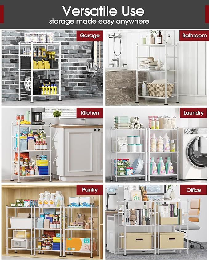Sakugi Storage Shelves - 3 Tier Shelf Organizer, Sturdy Metal Garage Shelving with Adjustable Leveling Feet, Space-Saving Shelves Organizer for Pantry, Laundry, Kitchen (18" x 12" x 30", White)