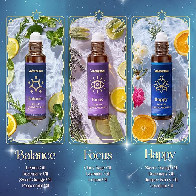 ARVIDSSON Essential Oils Roll On Set, Natural Self Care Essential Oil Blends Gift for Women - Sweet Dream, Unwind, Breahte, Balance, Focus, Happy, Aromatherapy Oil Roller for Body, Massage