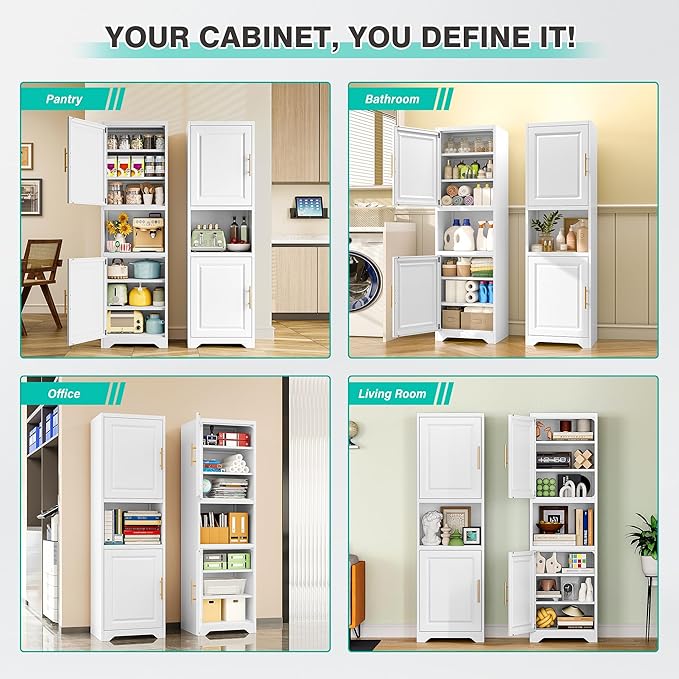 SISESOL 67" Tall Narrow Storage Cabinet with 2 Door and 7 Shelves,Slim Kitchen Pantry Cabinet,White Metal Bathroom Cabinets,Large Cupboard for Home,Kitchen,Laundry,Bathroom