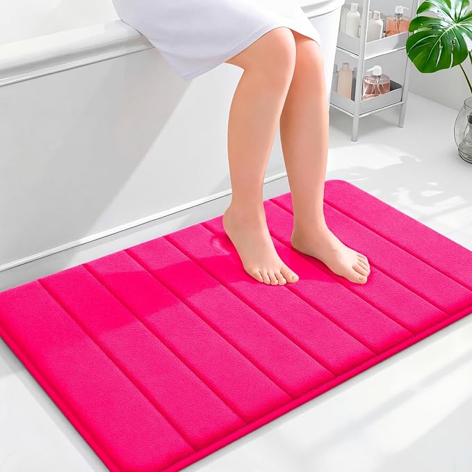 OLANLY Memory Foam Bath Mat 36x24, Super Soft Absorbent Bathroom Rugs, Quick Dry, Machine Washable Shower Floor Rugs, Bathmat Carpet, Bathroom Home Decor Accessories, Hot Pink