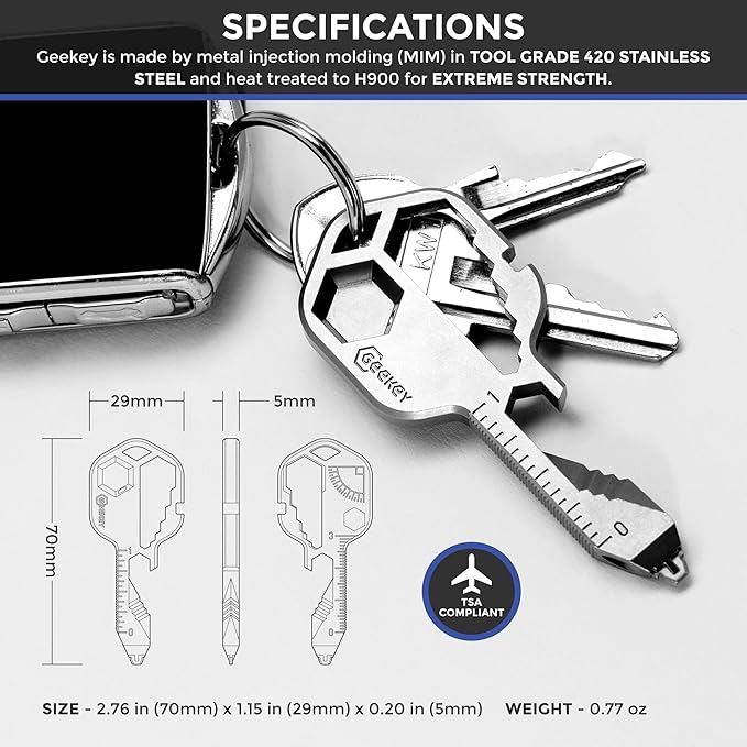 Geekey Keychain Multitool – Key Tool with 16+ Functions | Bottle Opener Keychain, EDC Multitool, Screwdriver, Wrench, Box Cutter | Good for Travel, Outdoor, Hiking | TSA Safe