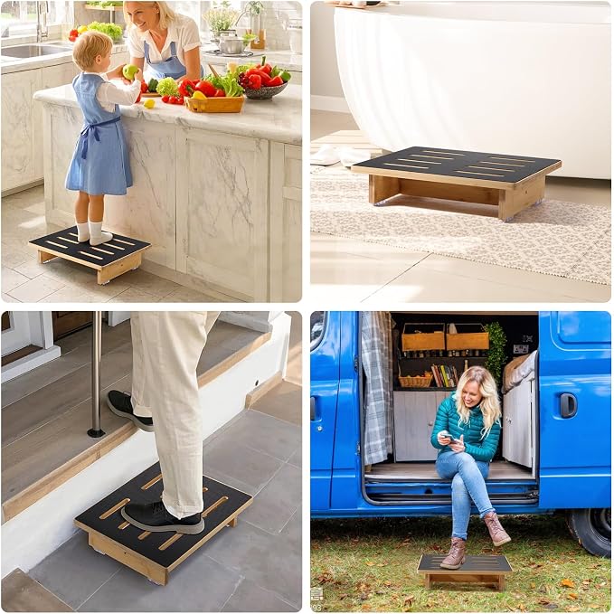 Roylvan Step Stool for Adults, 3.5" Bed Step for High Beds, Non-Slip Stepping Stool with Load Capacity of 440 lbs, Wooden Step Stool for Seniors, Kids, Bedside, Shower, Kitchen Use, Beech Wood/Black
