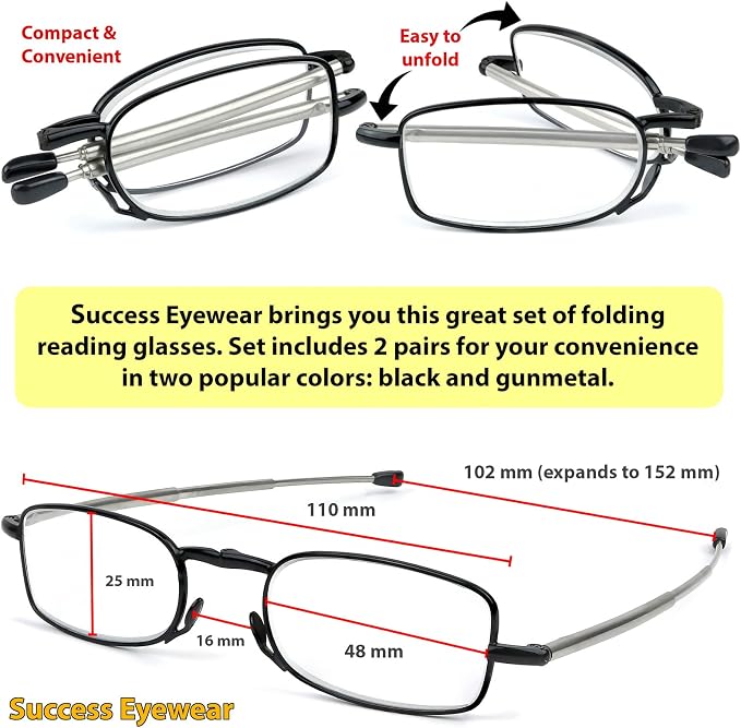 Success Eyewear Reading Glasses 2 Pair Black and Gunmetal Readers Compact Folding Unisex Glasses for Reading Case Included