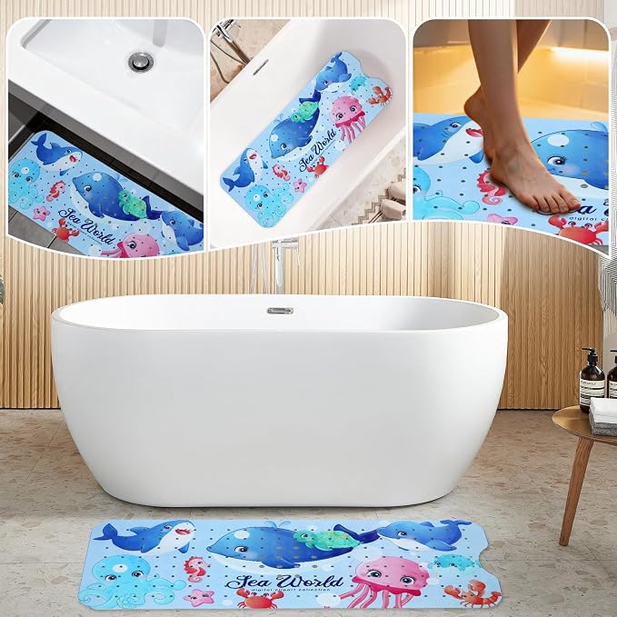 Bath Tub Shower Mat Non Slip Kids Bathtub Mat Anti Slip Baby Bath Mat for Tub 40 x 16 Inch Extra Long Toddler Bath Mat with Suction Cups and Drain Holes for Bathroom Floor,Machine Washable,Big Whale