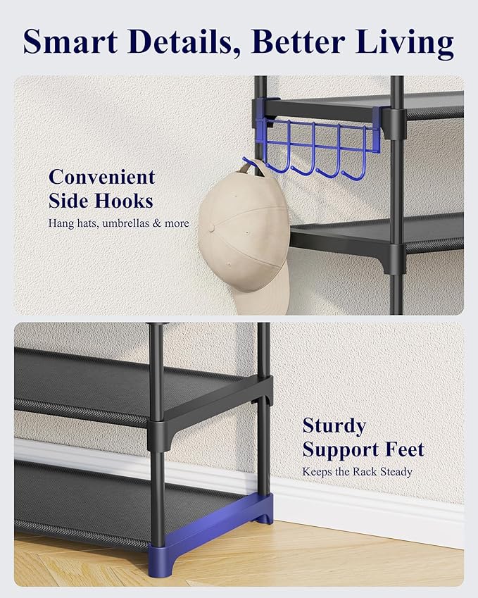 Kitsure Shoe Rack for Closet - 10-Tier Shoe Organizer with Hook Rack, Large-Capacity & Space-Saving Shoe Shelf for Entryway, Bedroom, Living Room,32.2" x 11.8" x 68.5", Black