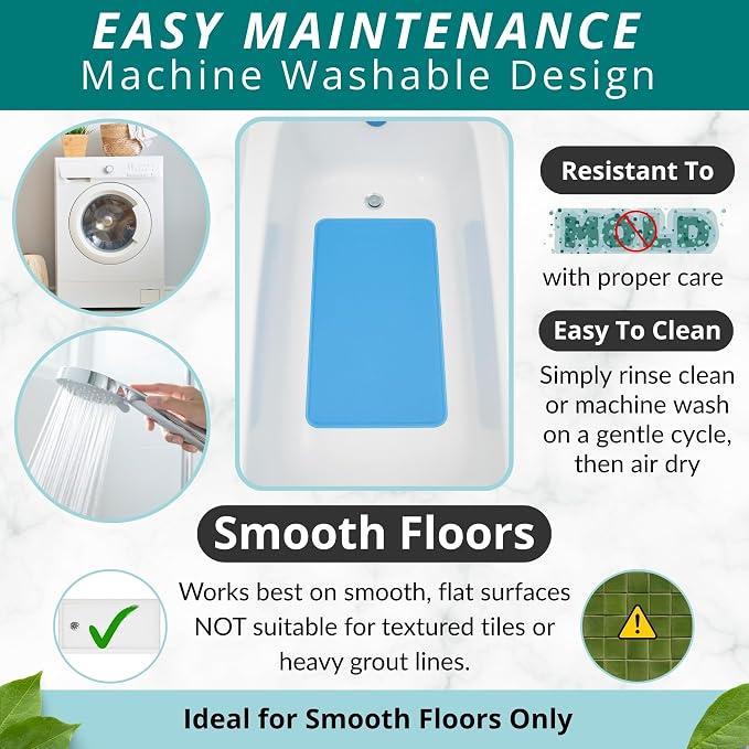 ENKOSI Non Slip Shower Mat – Bath Mat for Tub and Shower Floors – Anti Slip Bathtub Mat with Strong Suction Cup Grip – Soft, Blue Bathroom Mat for Inside Bath and Shower Floors (28x16 Aqua Blue)