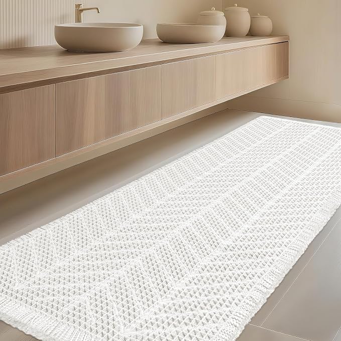 IM HOME Extra Large Waffle Bath Mat, Boho Bathroom Rugs Absorbent Non Slip, Ultra Soft Bathroom Mat, Machine Washable Knit Bath Rugs with Herringbones for Bathroom, Bedroom, Kitchen, 6'x2', White