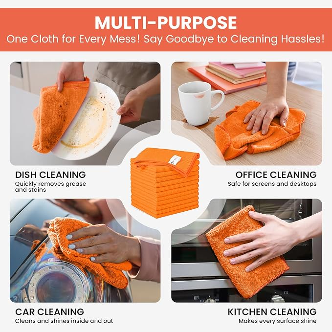 SIFANGKE Microfiber Cleaning Cloth, 12 Pack Orange Cleaning Rags for Housekeeping, Reusable Microfiber Towels for Car, Kitchen, Bathroom and Household Cleaning Supplies, 11.8"X11.8"