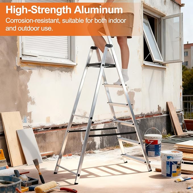 Sweetcrispy 6 Step Ladder, 330lbs Folding Step Stool with Anti-Slip Wide Pedal,Tool Tray, Aluminum Stool Ladders, Safety Household Ladder for Home Kitchen Courtyard Outdoor