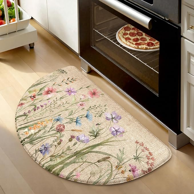 KIMODE Kitchen Mat Cushioned Anti Fatigue, Half Moon Floral Kitchen Rug, Comfort Padded Kitchen Floor Mat Non Slip, Ergonomic Standing Desk Mat for Sink Laundry Office Brown 18"x28"