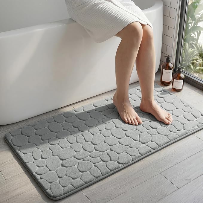 YIHOUSE Memory Foam Runner Rug, Cobblestone Bathroom Runner Rugs Super Water Absorbent Bath Mats for Bathroom Machine Washable Bath Rugs for Hallway Bedroom Laundry Room(24 x 47,Light Gray)