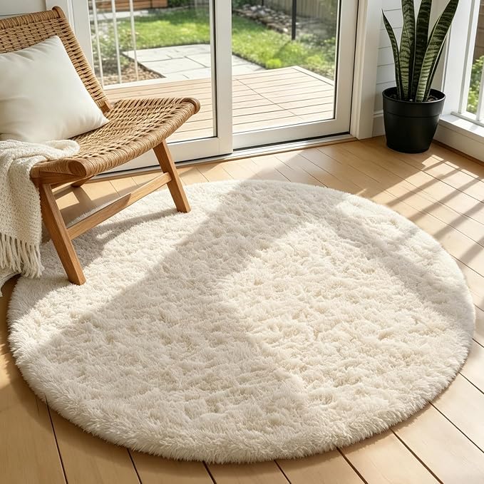 Ophanie Round Rugs 3Ft Ivory Circle Area Rug,Christmas Room Decor, Aesthetic Nursery Bedroom Carpet, Fluffy Fuzzy Plush Soft Shaggy Cream Living Room Rugs for Kids Boys Girls Teen Baby Home, Dorm