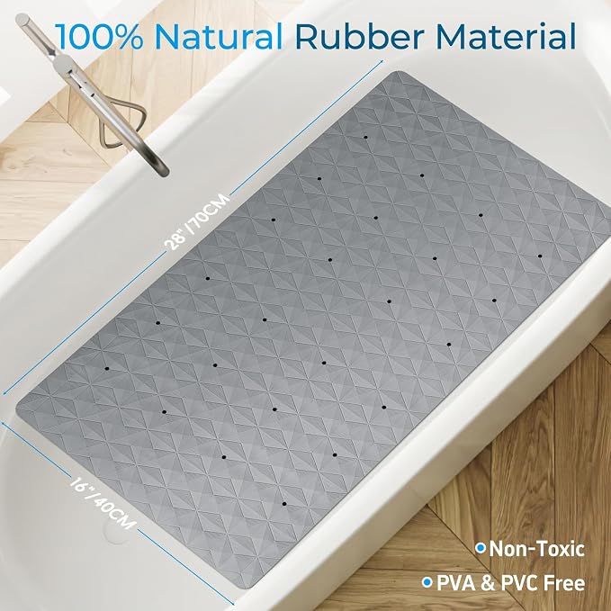Non Slip Bathtub Mat for Bath Tub Shower - Natural Rubber Mat with 241 Suction Cups - Soft Bathroom Safety Mat - Unique Diamond Pattern - Fatigue Relief - Machine Washable - 16 × 28 Inch